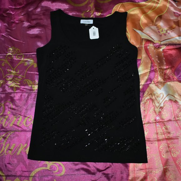 NEW calvin klein black beads rhinestone studs Bling Tank Top T-SHIRT Size XS / S - Picture 2 of 10